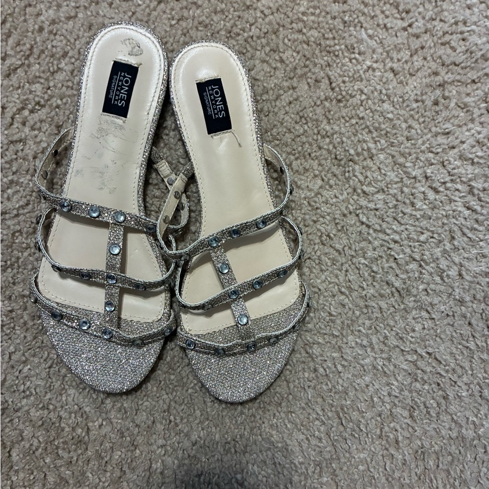 Jones New York Silver Glitter Strappy Heeled Sandals with Crystal Accents